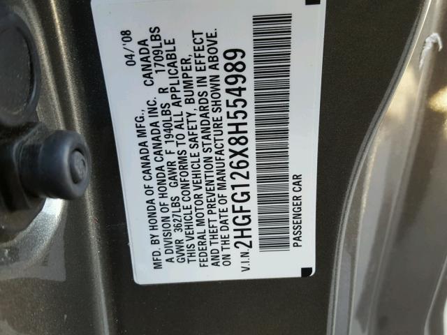 2HGFG126X8H554989 - 2008 HONDA CIVIC LX GRAY photo 10