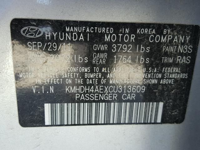 KMHDH4AEXCU313609 - 2012 HYUNDAI ELANTRA GL SILVER photo 10