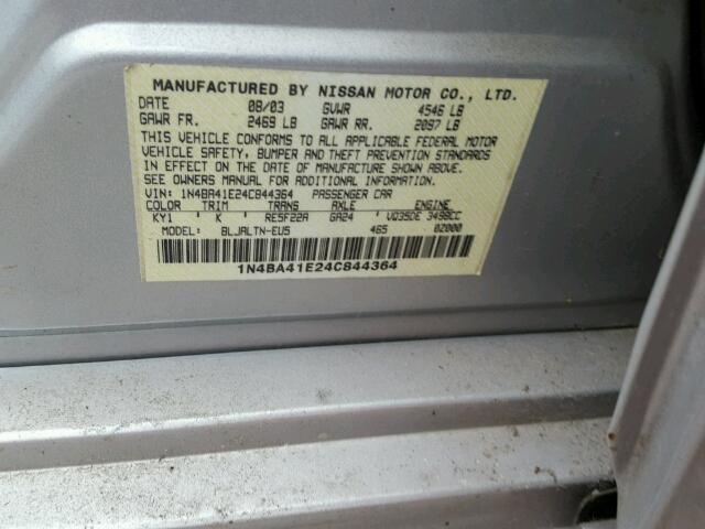 1N4BA41E24C844364 - 2004 NISSAN MAXIMA SE SILVER photo 10