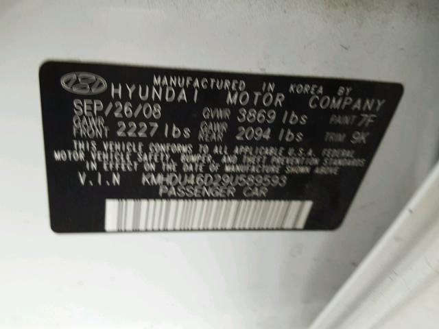 KMHDU46D29U589593 - 2009 HYUNDAI ELANTRA GL WHITE photo 10