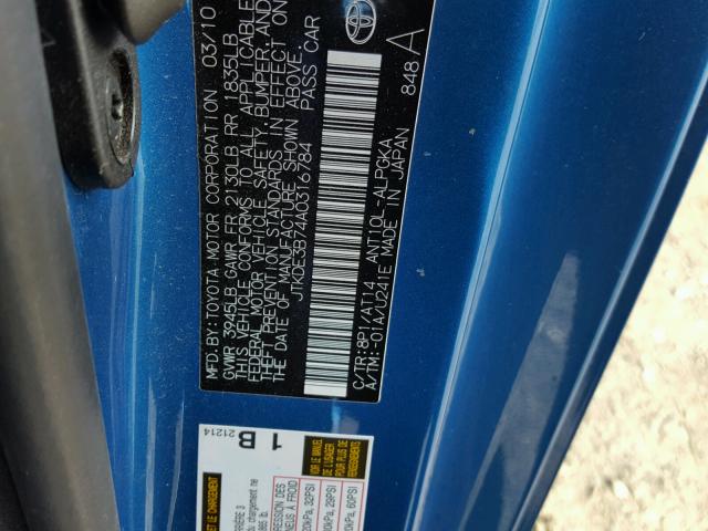 JTKDE3B74A0316784 - 2010 TOYOTA SCION TC BLUE photo 10