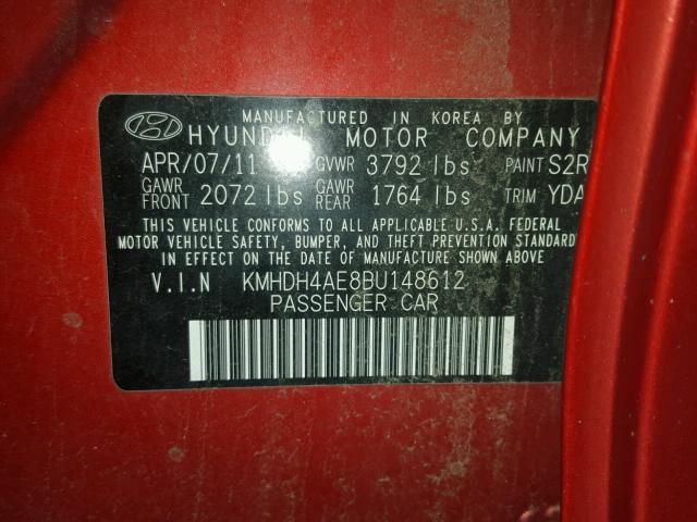 KMHDH4AE8BU148612 - 2011 HYUNDAI ELANTRA GL RED photo 10