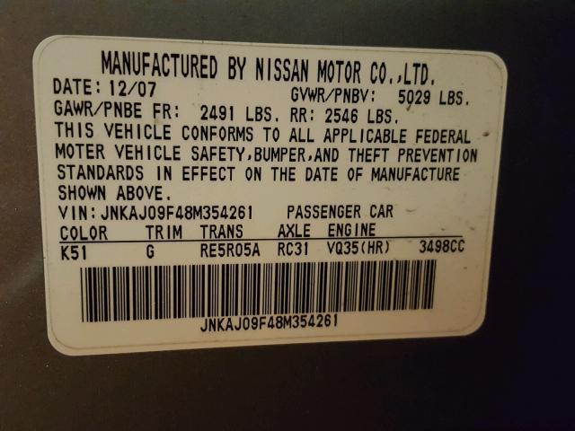 JNKAJ09F48M354261 - 2008 INFINITI EX35 BASE GRAY photo 10