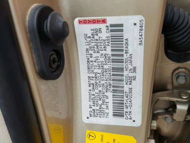 JTHBF30G430115967 - 2003 LEXUS ES 300 GOLD photo 10