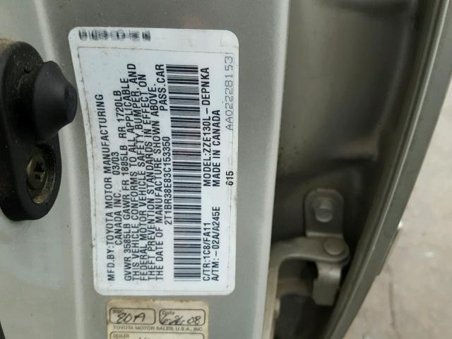 2T1BR38E83C153350 - 2003 TOYOTA COROLLA CE SILVER photo 10