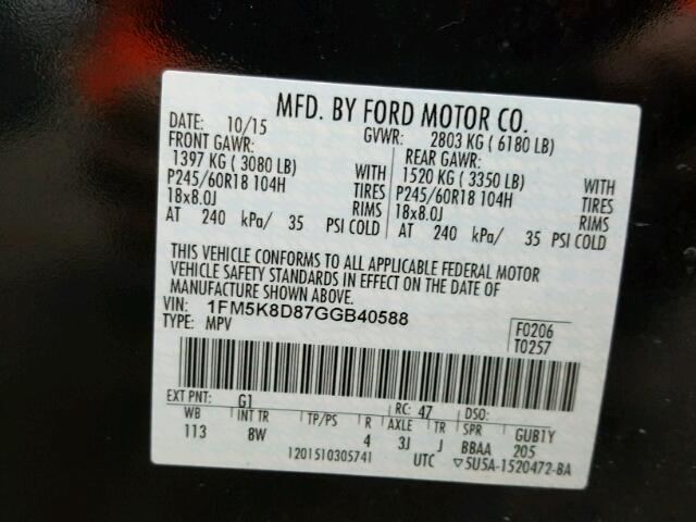 1FM5K8D87GGB40588 - 2016 FORD EXPLORER X BLACK photo 10