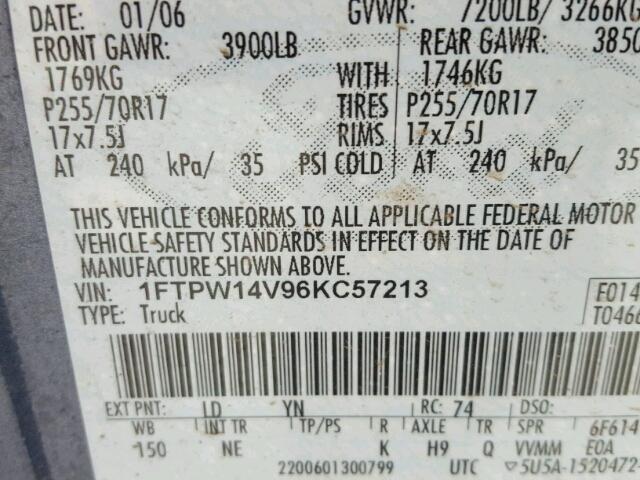 1FTPW14V96KC57213 - 2006 FORD F150 SUPER BLUE photo 10