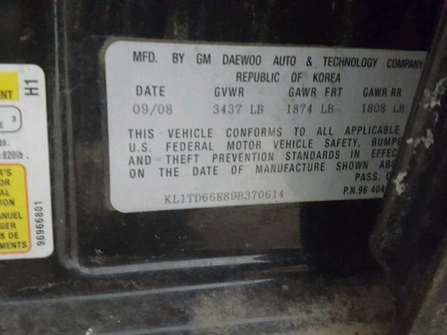 KL1TD66E89B370614 - 2009 CHEVROLET AVEO LS BLACK photo 10