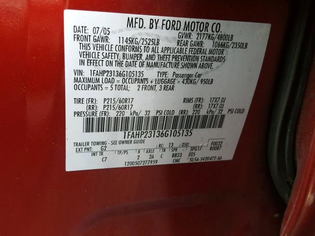 1FAHP23136G105135 - 2006 FORD FIVE HUNDR RED photo 10