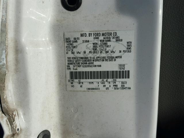 1FTRF12225NC08188 - 2005 FORD F150 WHITE photo 10