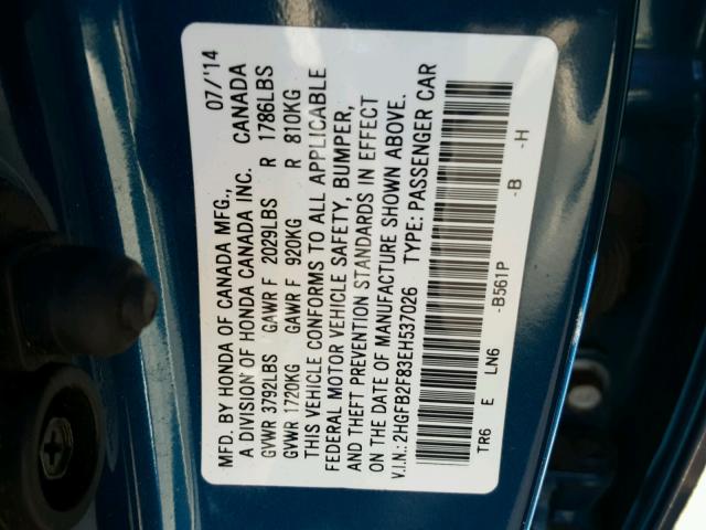 2HGFB2F83EH537026 - 2014 HONDA CIVIC EX BLUE photo 10