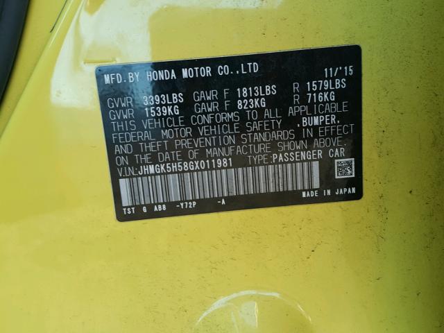 JHMGK5H58GX011981 - 2016 HONDA FIT LX YELLOW photo 10