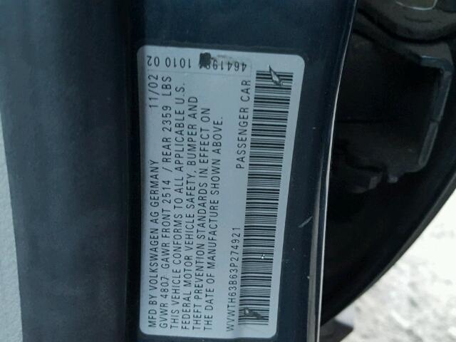 WVWTH63B63P274921 - 2003 VOLKSWAGEN PASSAT GLX 蓝色 照片 10