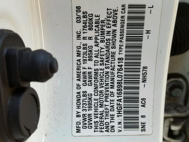 1HGFA16898L076418 - 2008 HONDA CIVIC EX თეთრი ფოტო 10