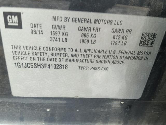 1G1JC5SH3F4102818 - 2015 CHEVROLET SONIC LT GRAY photo 10