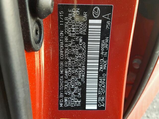 JTHKD5BH1G2262569 - 2016 LEXUS CT 200 RED photo 10