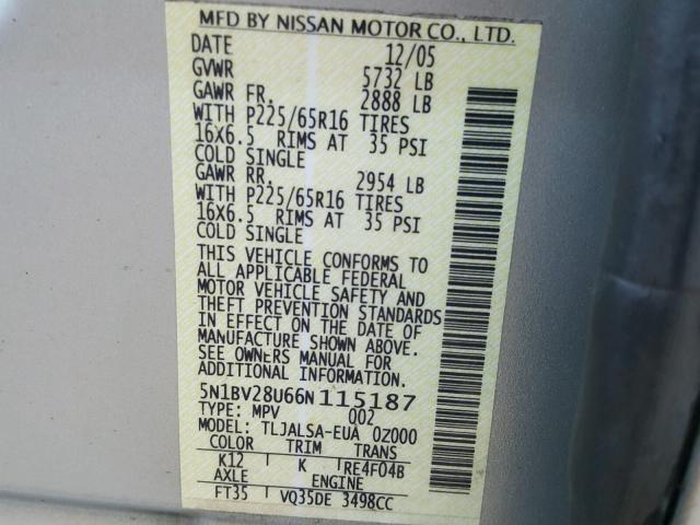 5N1BV28U66N115187 - 2006 NISSAN QUEST S SILVER photo 10