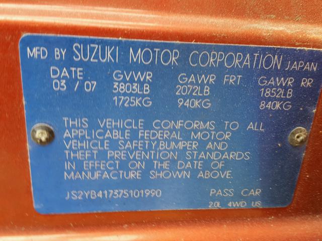 JS2YB417375101990 - 2007 SUZUKI SX4 SPORT ORANGE photo 10