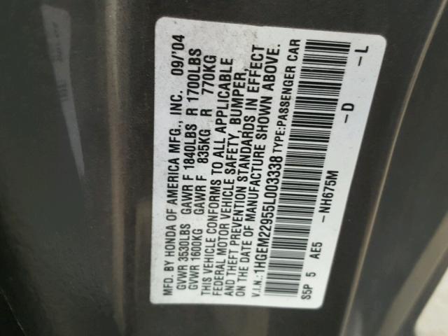 1HGEM22955L003338 - 2005 HONDA CIVIC EX GRAY photo 10