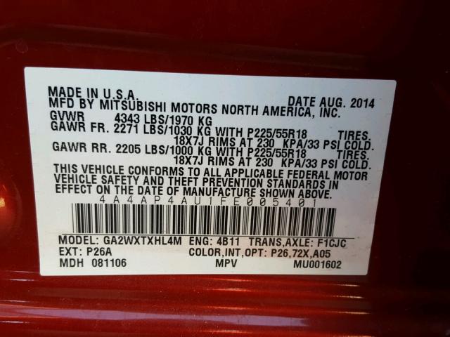 4A4AP4AU1FE005401 - 2015 MITSUBISHI OUTLANDER RED photo 10