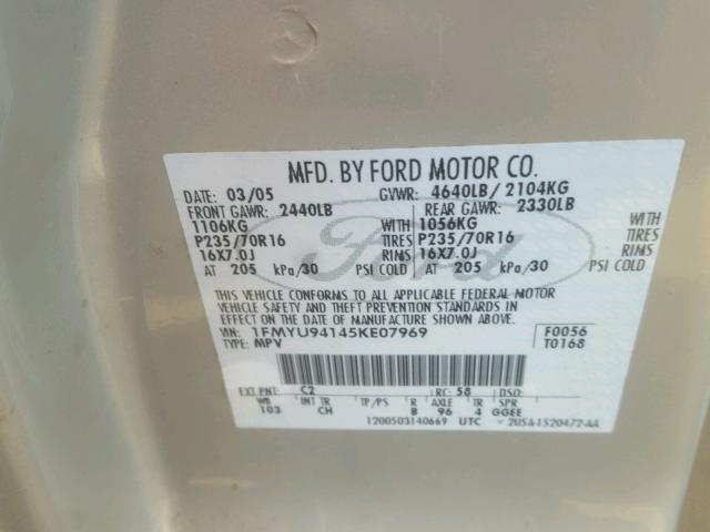 1FMYU94145KE07969 - 2005 FORD ESCAPE LIM GRAY photo 10