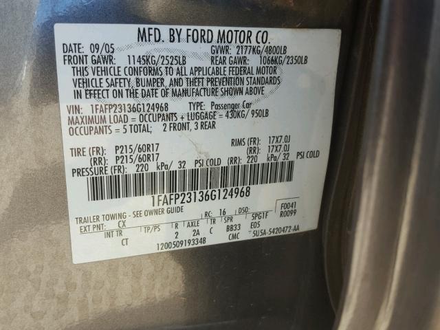 1FAFP23136G124968 - 2006 FORD FIVE HUNDR GRAY photo 10