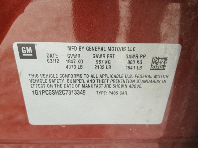 1G1PC5SH2C7313349 - 2012 CHEVROLET CRUZE LS MAROON photo 10