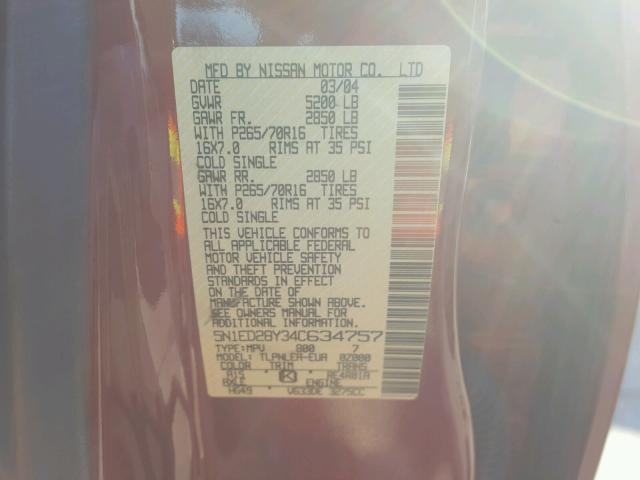 5N1ED28Y34C634757 - 2004 NISSAN XTERRA XE BURGUNDY photo 10