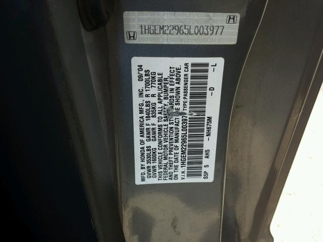 1HGEM22965L003977 - 2005 HONDA CIVIC EX GRAY photo 10