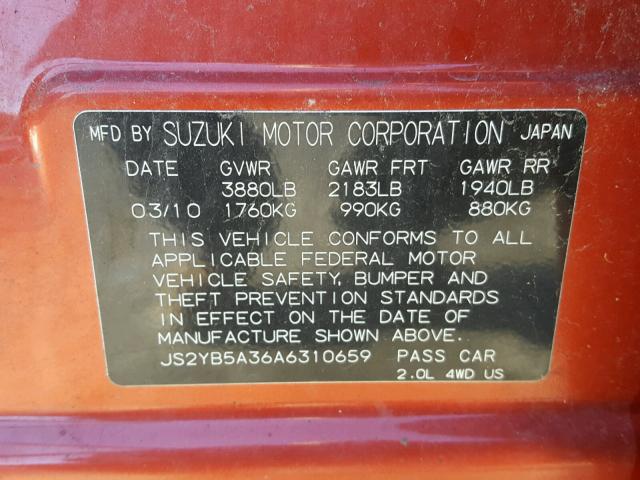 JS2YB5A36A6310659 - 2010 SUZUKI SX4 BASE ORANGE photo 10