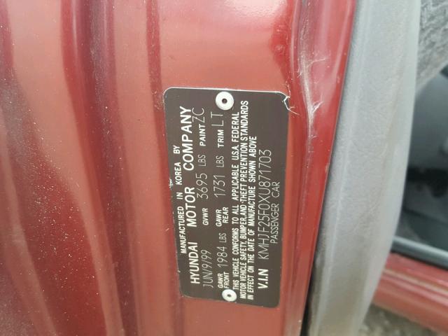 KMHJF25F0XU871703 - 1999 HYUNDAI ELANTRA BA RED photo 10