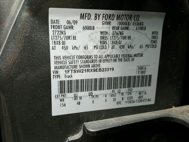 1FTSW21RX9EB23319 - 2009 FORD F250 SUPER GRAY photo 10