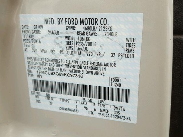 1FMCU93G69KC97318 - 2009 FORD ESCAPE XLT CREAM photo 10