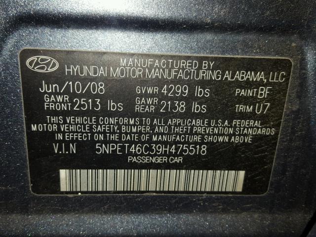 5NPET46C39H475518 - 2009 HYUNDAI SONATA GLS TEAL photo 10