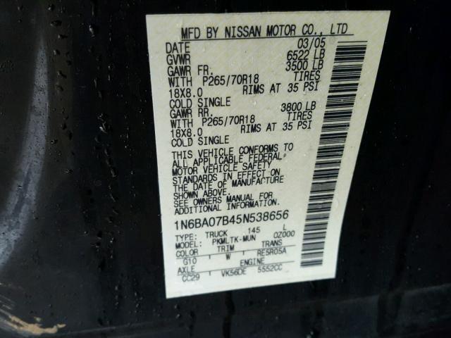 1N6BA07B45N538656 - 2005 NISSAN TITAN XE BLACK photo 10