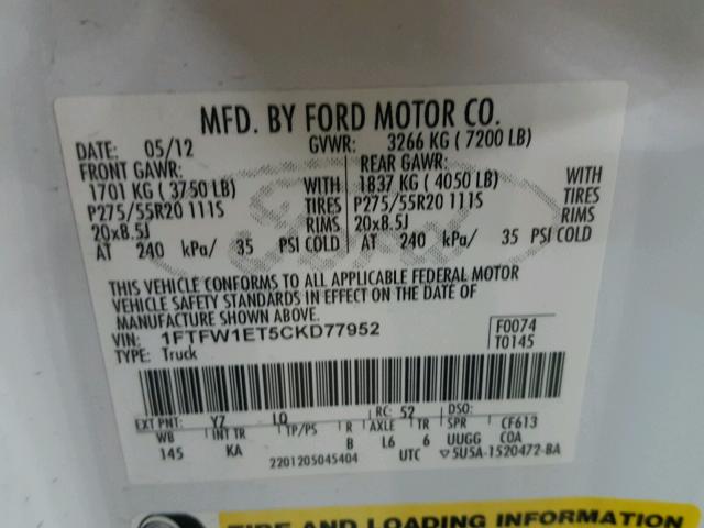 1FTFW1ET5CKD77952 - 2012 FORD F150 SUPER TWO TONE photo 10