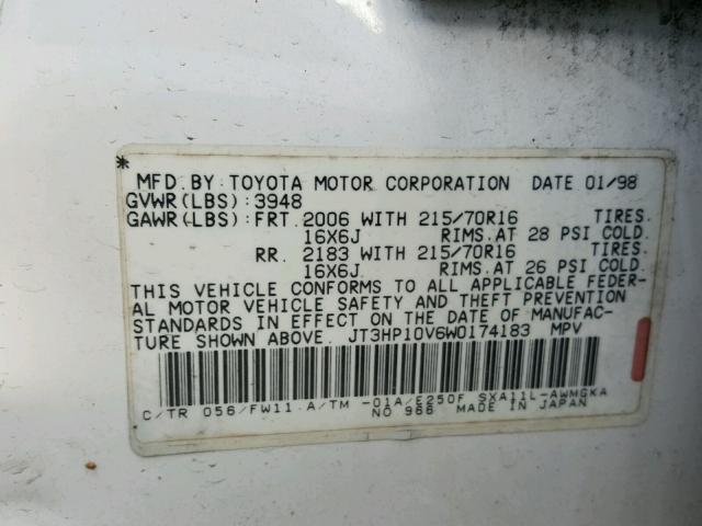 JT3HP10V6W0174183 - 1998 TOYOTA RAV4 WHITE photo 10