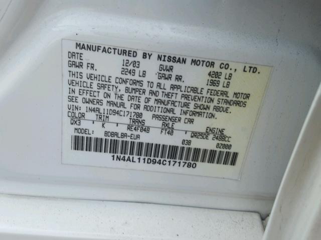 1N4AL11D94C171780 - 2004 NISSAN ALTIMA BAS WHITE photo 10