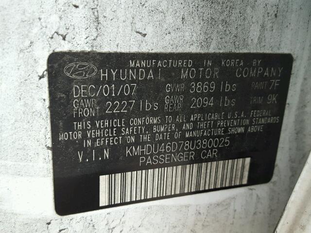 KMHDU46D78U380025 - 2008 HYUNDAI ELANTRA GL WHITE photo 10