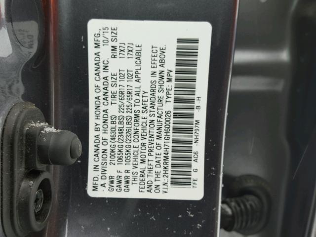 2HKRM4H71GH600026 - 2016 HONDA CR-V EXL GRAY photo 10