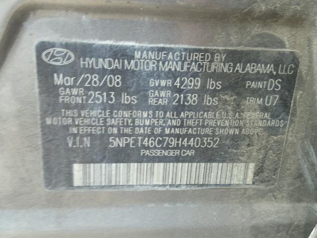 5NPET46C79H440352 - 2009 HYUNDAI SONATA GLS GRAY photo 10