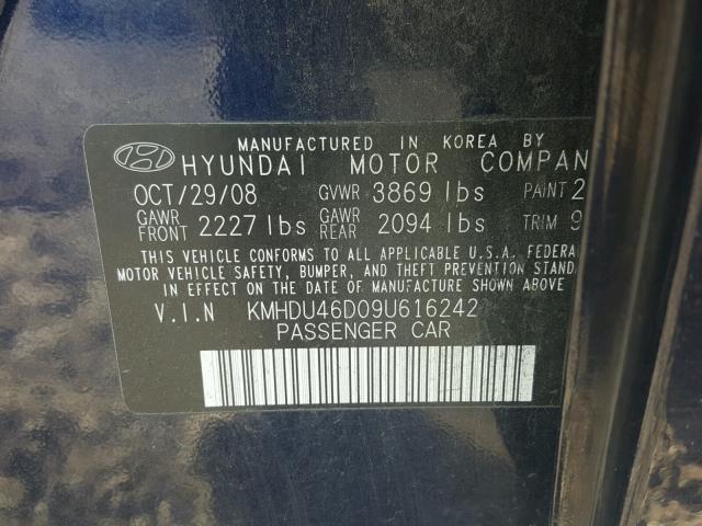 KMHDU46D09U616242 - 2009 HYUNDAI ELANTRA GL BLUE photo 10