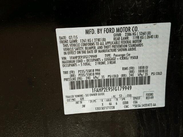 1FAHP2E95FG179949 - 2015 FORD TAURUS SEL BLACK photo 10