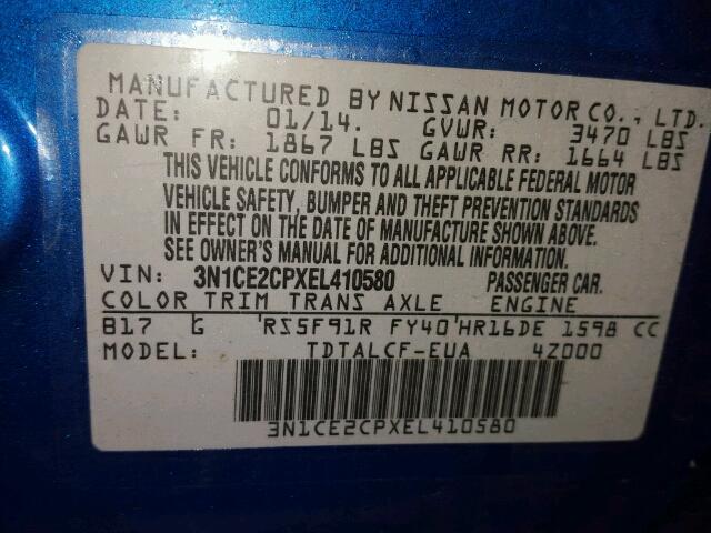 3N1CE2CPXEL410580 - 2014 NISSAN VERSA NOTE BLUE photo 10