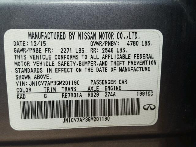 JN1CV7AP3GM201190 - 2016 INFINITI Q50 BASE Сірий фото 10