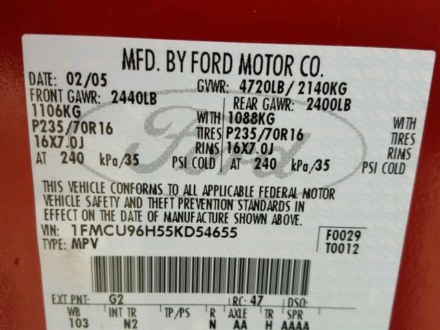 1FMCU96H55KD54655 - 2005 FORD ESCAPE HEV BURGUNDY photo 10