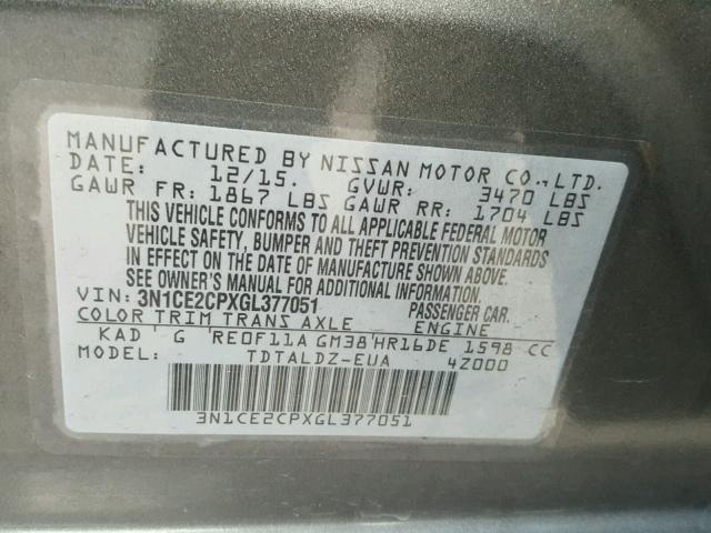 3N1CE2CPXGL377051 - 2016 NISSAN VERSA NOTE GRAY photo 10