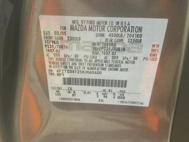 4F2YZ04125KM60400 - 2005 MAZDA TRIBUTE S GRAY photo 10