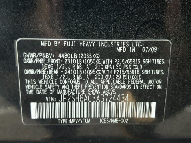 JF2SH6AC3AG724434 - 2010 SUBARU FORESTER 2 BLACK photo 10