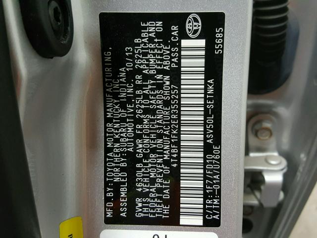 4T4BF1FK2ER355257 - 2014 TOYOTA CAMRY L SILVER photo 10